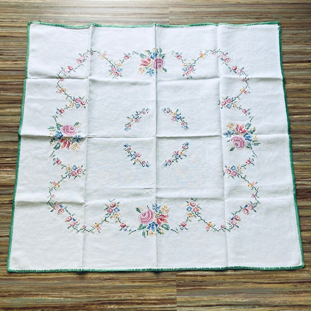 Floral Swag Hand Embroidered Square Tablecloth 33" White Linen with Green Edging